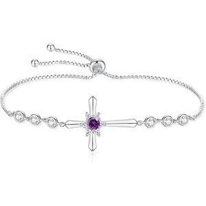 Cross 925 Sterling Silver Halo Birthstone Bracelet - Amethyst